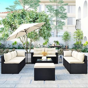 Black 9 Pieces Large Outdoor Patio Wicker Conversation Set with Ottoman and Beige Cushion