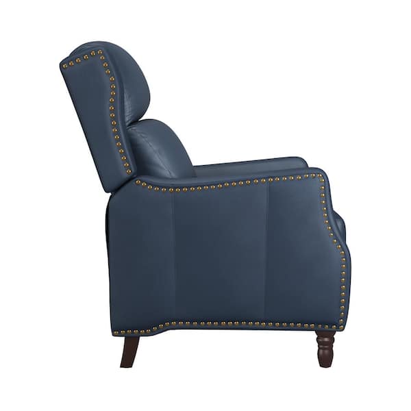 Lange 28in. W Navy Genuine Leather Nailhead Trim Recliner Armchair with Cushioned Back and Wooden Legs