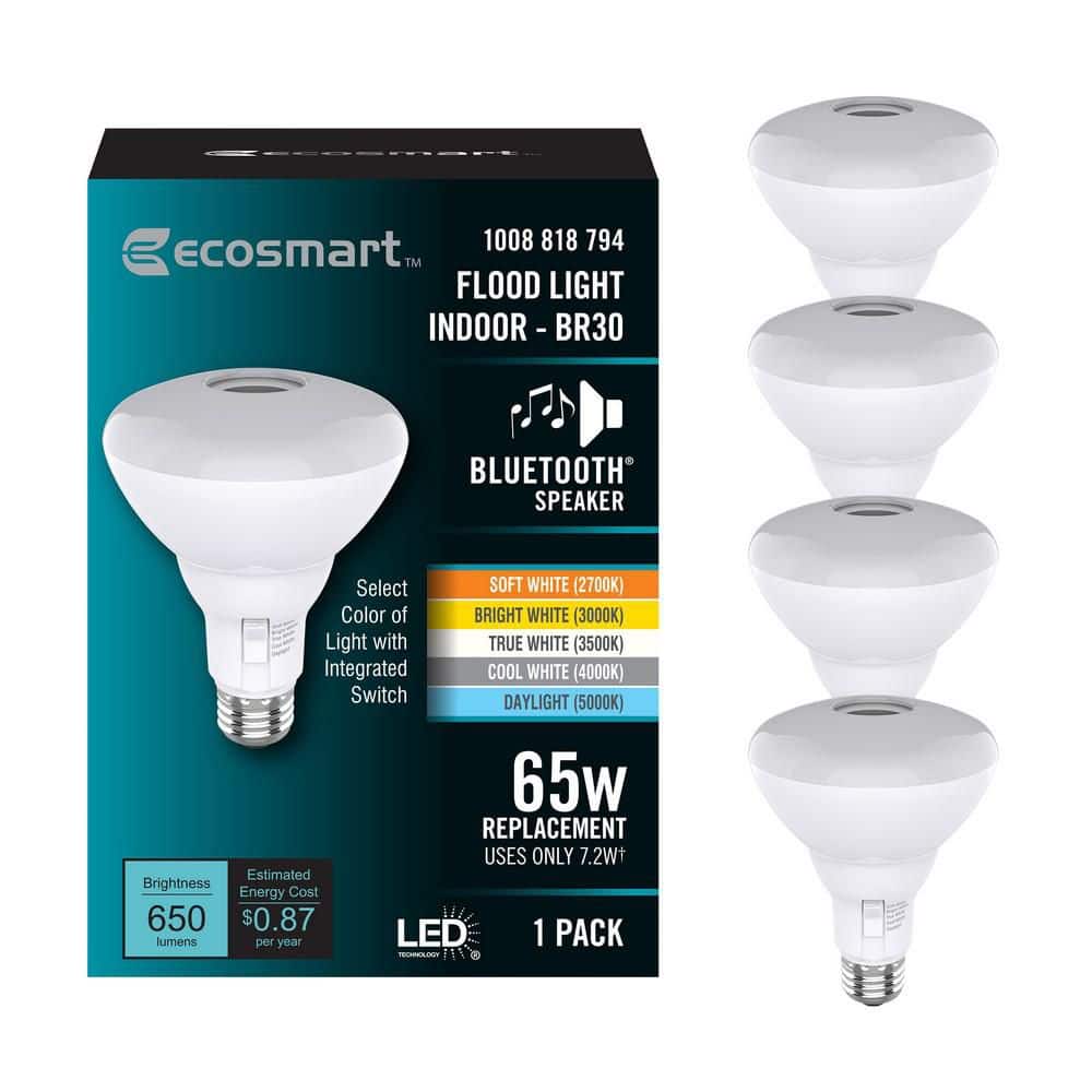 EcoSmart 65-Watt Equivalent BR30 Dimmable Bluetooth Speaker LED Flood Light Bulb Adjustable White (4-Pack)