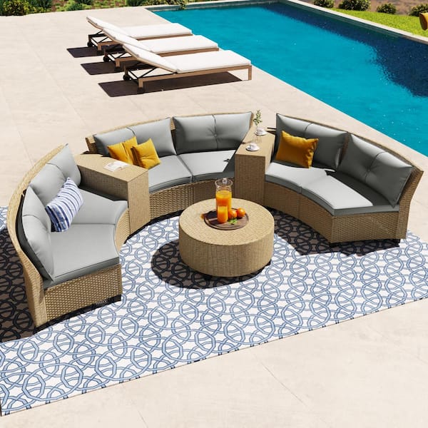 Unbranded 9-Piece Brown Fan-Shaped Wicker Patio Conversation Set with Grey Cushions and Coffee Table