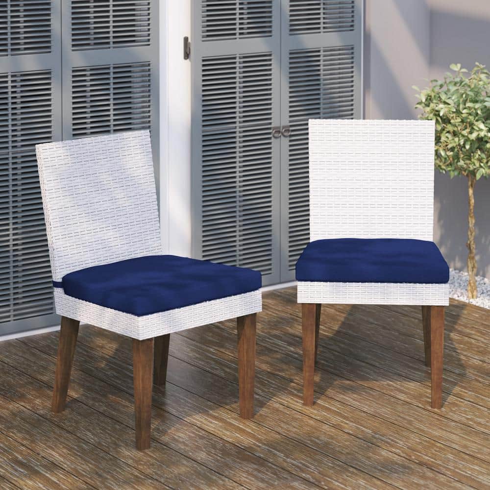 White Wicker Outdoor Dining Chairs with Navy Cushions, Set of 2