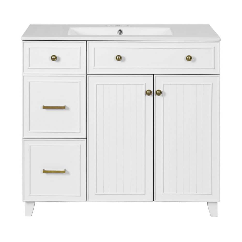 36 in. Single Sink Freestanding White Bath Vanity with White Ceramic Top and 3 Drawer Storage Cabinet Unassembled price history on PriceWatchPro