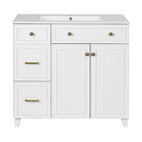36 in. Single Sink Freestanding White Bath Vanity with White Ceramic Top and 3 Drawer Storage Cabinet Unassembled