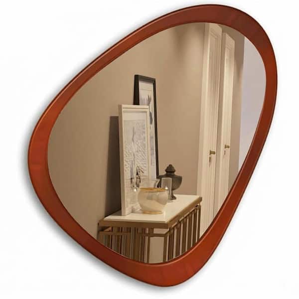 28 in. H x 22 in. W Distressed Brown Wood Framed Wall Mirror, Irregular Asymmetrical Decorative Mirror