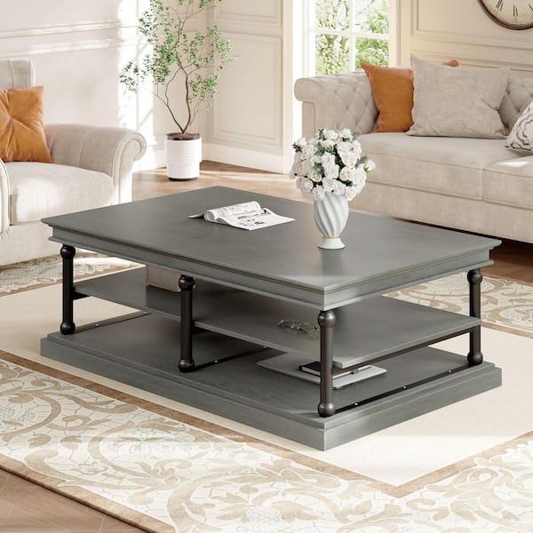 Selms Modern 55.1 in. Rectangle MDF Wood Coffee Table with Open Storage Shelves, Gray Plus Black