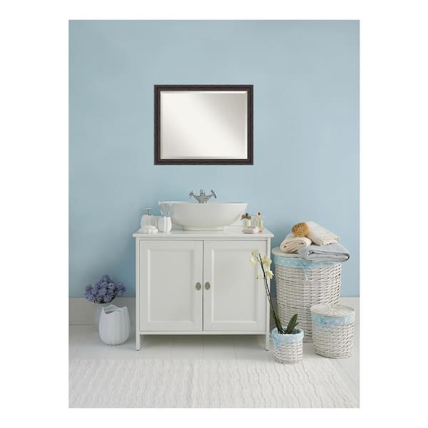 Rustic Pine Narrow 31.5 in. x 25.5 in. Beveled Rectangle Wood Framed Bathroom Wall Mirror in Brown