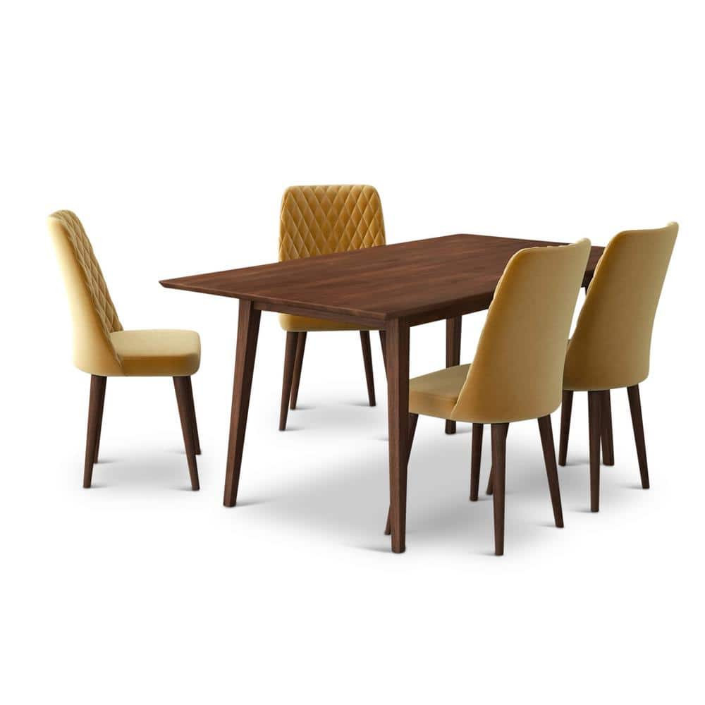 Adaya 5-Piece Mid-Century Rectangular Walnut Top 63 in. Dining Set with 4 Velvet Dining Chairs in Gold