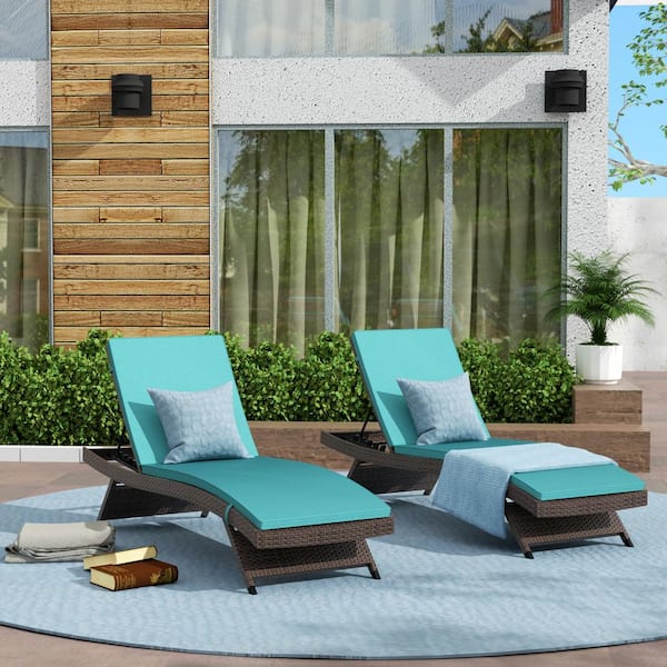 WESTIN OUTDOOR Bowman Brown 2-Piece Wicker Reclining Outdoor Chaise Lounge with Turquoise Cushions