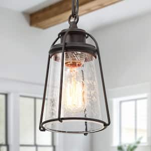 Farmhouse Black Kitchen Pendant Light, 1-Light Modern Industrial Bronze Mini Pendant Light with Caged Seeded Glass Shade