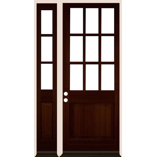 Krosswood Doors 50 in. x 96 in. Farmhouse 9-Lite Clear Glass Right-Hand Red Mahogany Stain Hemlock Wood Prehung Front Door w/ LSL
