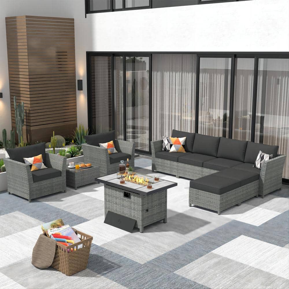 Denali Gray 10-Piece Wicker Outerdoor Patio Rectangular Fire Pit Set with Black Cushions price history on PriceWatchPro
