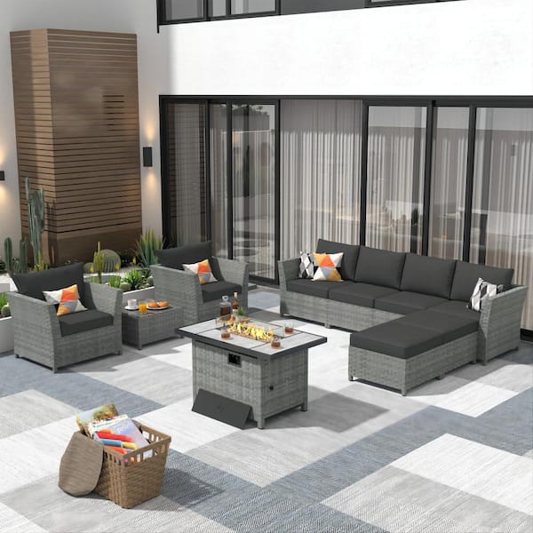 XIZZI Denali Gray 10-Piece Wicker Outerdoor Patio Rectangular Fire Pit Set with Black Cushions