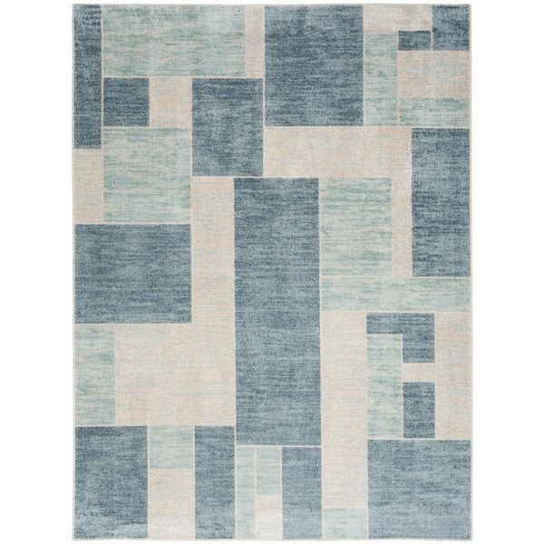 Nourison Astra Machine Washable Blue Ivory 5 ft. x 7 ft. Geometric Contemporary Area Rug