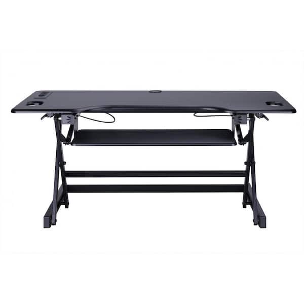 ROCELCO 26.5 in Rectangular Black Metal Standing Desk Converter Deluxe Adjustable Riser with USB