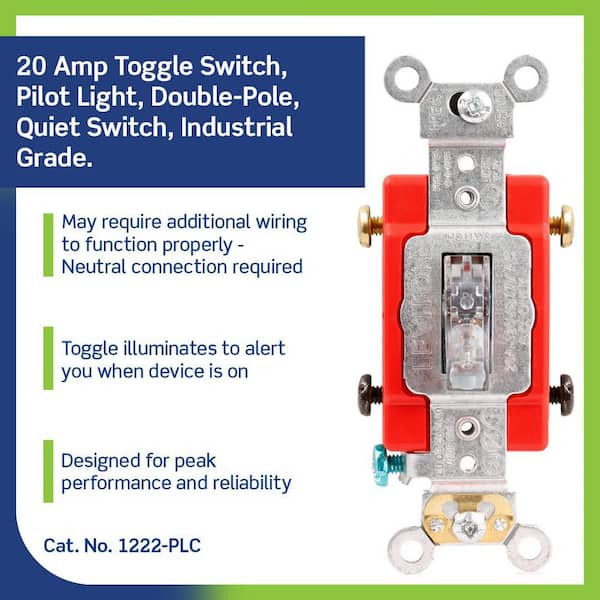 20 Amp Industrial Grade Heavy Duty Double-Pole Pilot Light Toggle Switch, Clear 1222-PLC