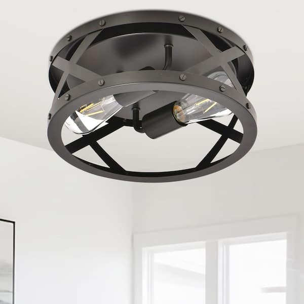 11.81 in.2-Light Matte Black Industrial Flush Mount with Drum Shade and no Bulb Included