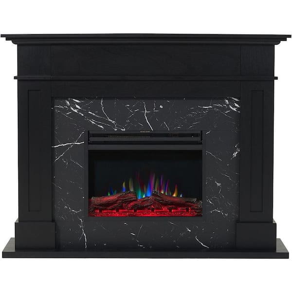 Sofia 53 in. Ventless Freestanding Electric Fireplace Mantel in Black with Black Marble Inlay