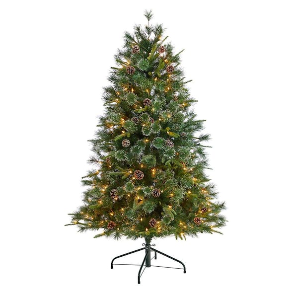 Nearly Natural 4 ft. Snowed Tipped Clermont Mixed Pine Artificial Christmas Tree w200 Clear Lights, Pine Cones and Bendable Branches