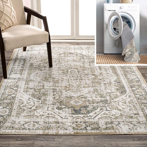 Keesha Bold Green/Cream 5 ft. x 8 ft. Distressed Medallion Low-Pile Machine-Washable Area Rug