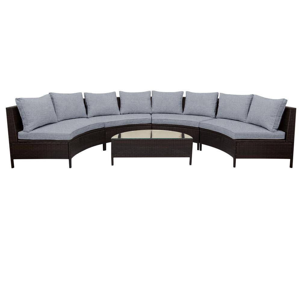 5-Piece Half-Moon Wicker Outdoor Sectional Sofa Sets with Gray Cushions