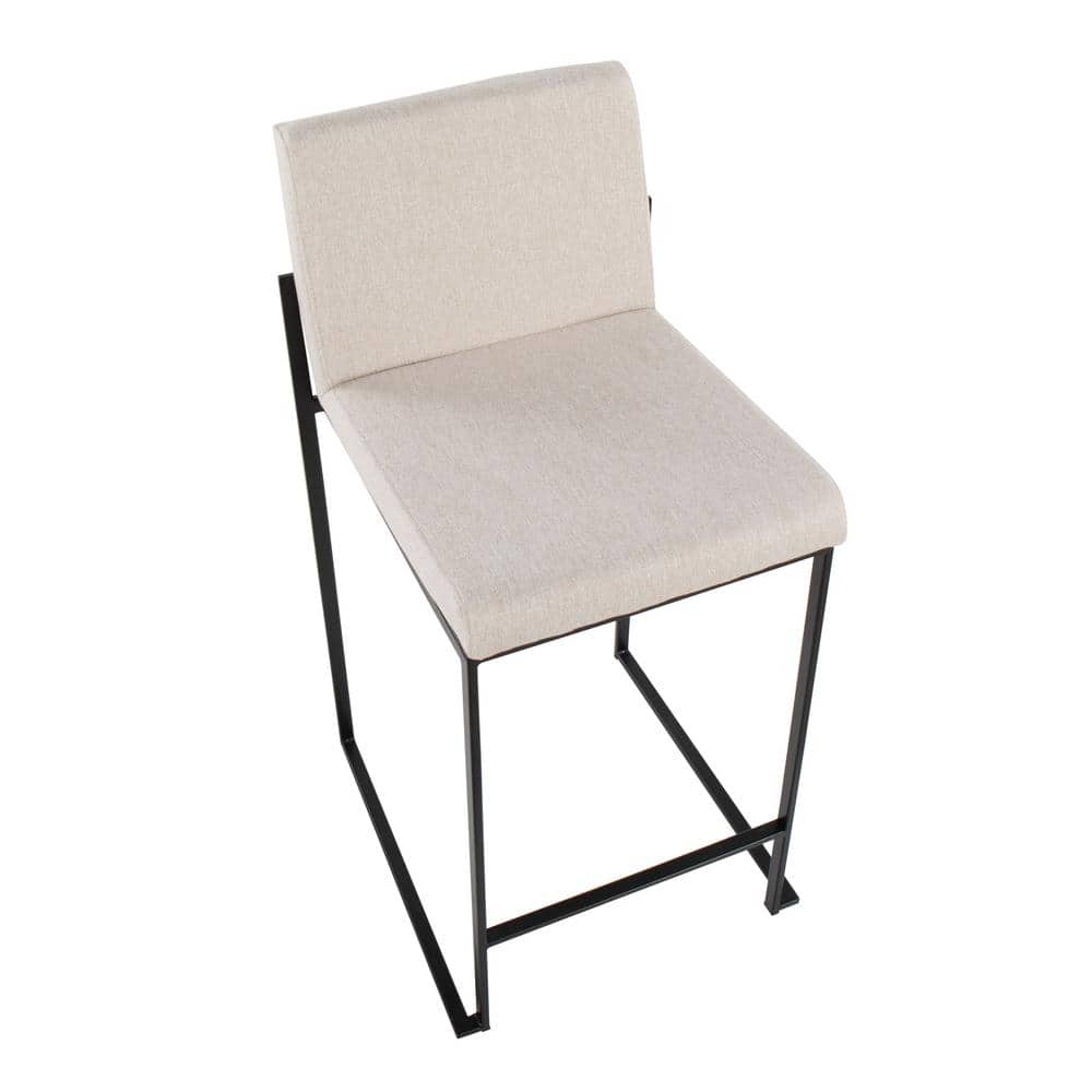 Set of 2 Beige Fabric and Black Steel High Back Counter Stools