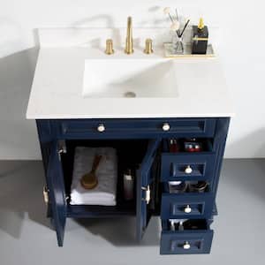 36 in.W x 22 in.D x 35 in.H Solid Wood Single Sink Bath Vanity in Navy Blue w/ Stain-resistant Quartz Top,Soft-Close