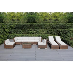 Mixed Brown 9-Piece Wicker Patio Combo Conversation Set with Sunbrella Natural Cushions