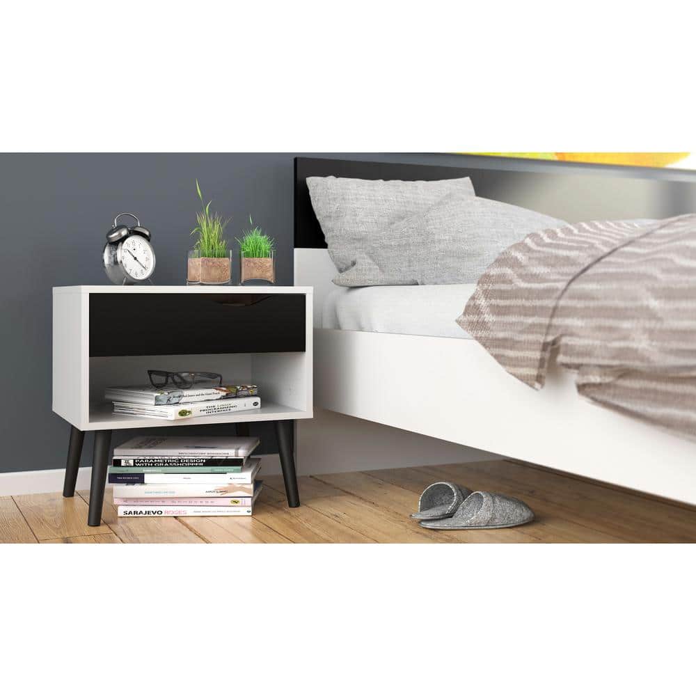 Diana Scandinavian Two-Tone White & Black Matte Nightstand with Drawer