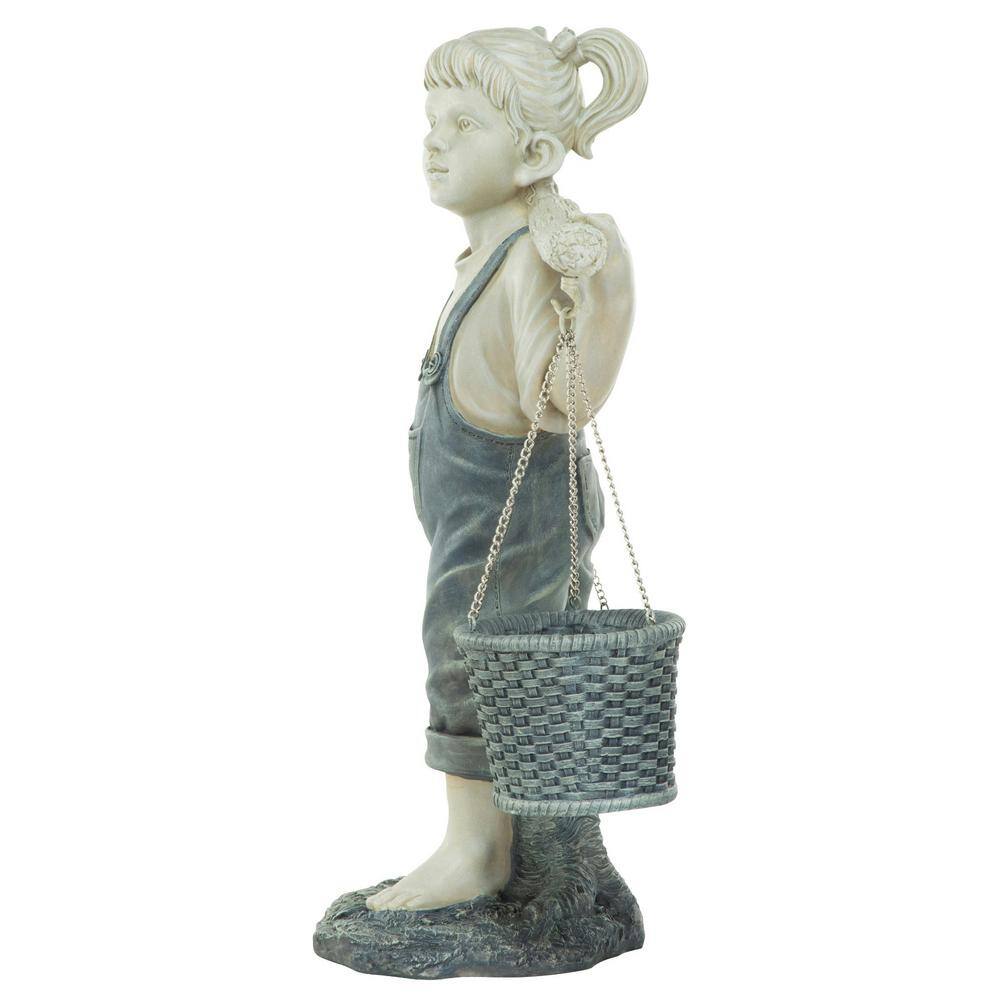 Large Off-White Resin Little Girl Garden Statue with Faux Woven Baskets