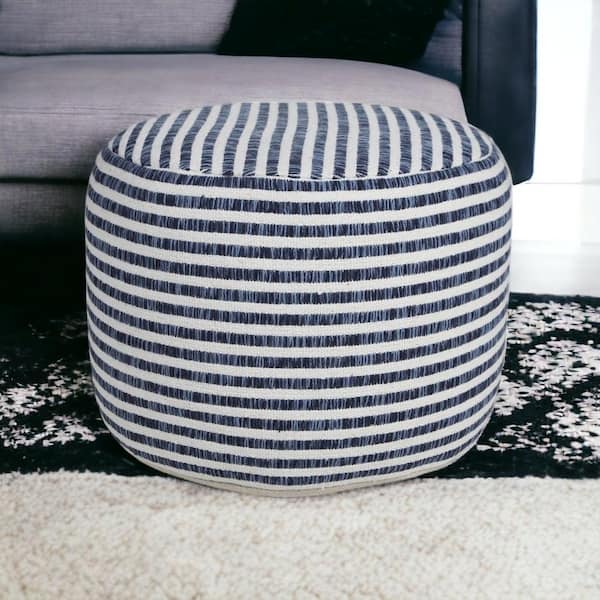 HomeRoots Amelia Blue Cotton Round Accent Ottoman