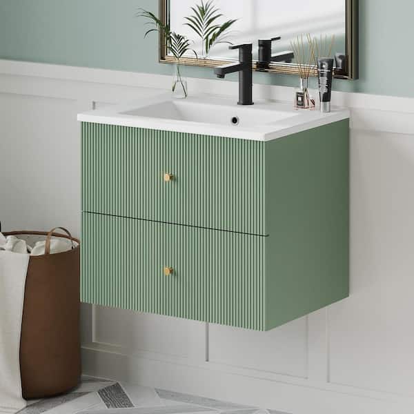FORCLOVER 24 in. W Floating Wall Mounted Bath Vanity in Green with White Ceramic Top and Drawer Storage