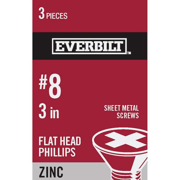 Everbilt #8 x 3 in. Phillips Flat Head Zinc Plated Sheet Metal Screw (3-Pack)