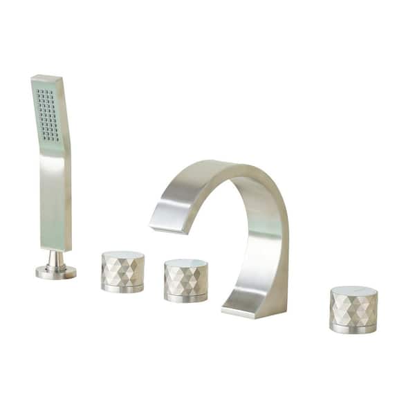 CASAINC Waterfall 3-Handle Deck-Mount Roman Tub Faucet with Hand Shower in Brushed Nickel