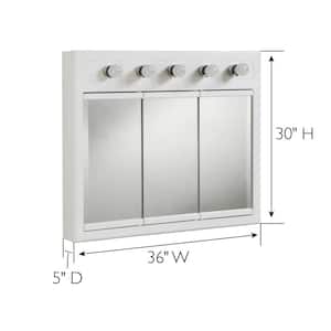 Concord 36 in. W x 30 in. H x 5 in. D Framed 5-Light Tri-View Surface-Mount Bathroom Medicine Cabinet in White Gloss