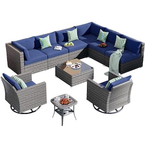 Muses Gray 11-Piece Wicker Outdoor Patio Conversation Seating Set with Denim Blue Cushions