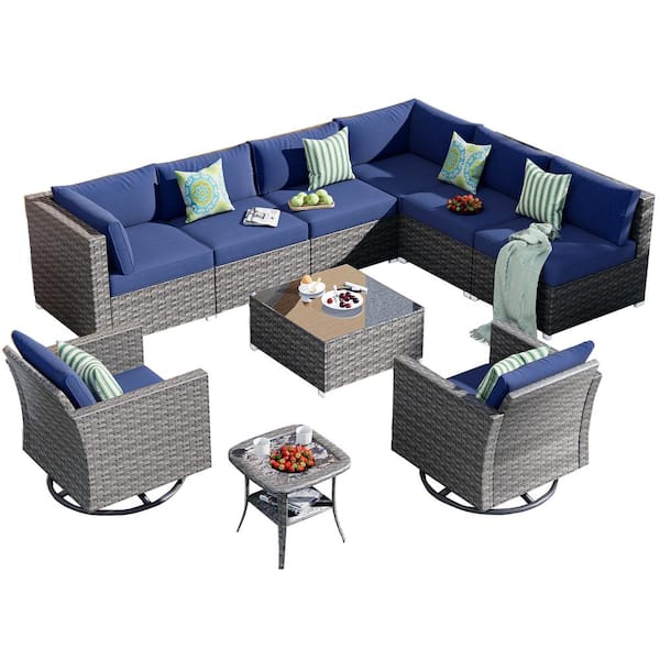 XIZZI Muses Gray 11-Piece Wicker Outdoor Patio Conversation Seating Set with Denim Blue Cushions