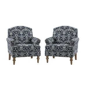 Romain Farmhouse Navy Polyester Spindle Hardwood Armchair with Solid Wood Legs and Rolled Arms Set of 2