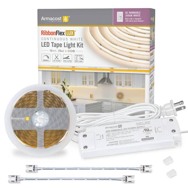 Armacost Lighting Ribbon Flex LUX 16 ft. Hardwired Dimmable Cuttable Soft White AC Dimmable White COB Integrated LED Strip Light Kit