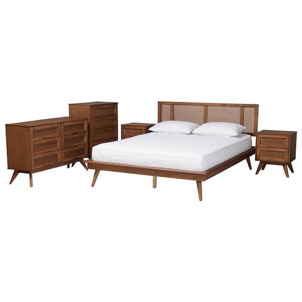 Baxton Studio Nura 5-Piece Walnut Brown Wood Full Bedroom Set