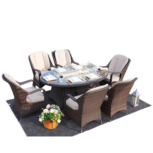 DIRECT WICKER Jade 47 in. x 70 in. Brown Oval Wicker Propane Gas Fire Pit Table with Chairs