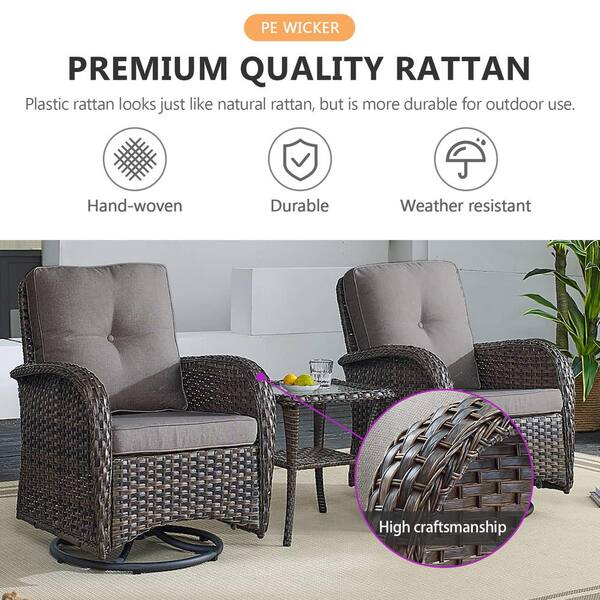Brown 7-Piece Wicker Patio Conversation Set with Swivel Rockers, Outdoor Glider Seating Set with Gray Cushions