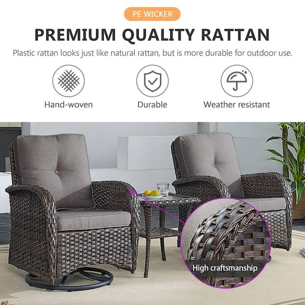 Brown 8-Piece Wicker Patio Conversation Set with Swivel Rockers, Outdoor Loveseat Seating Set with Gray Cushions