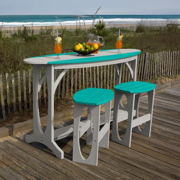 Highwood Shoreline Cove Gray/Seaglass Blue 3-Piece Recycled Plastic Bar Height Balcony Set