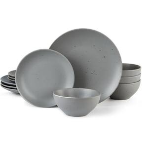 12-Piece Patterned Dark Gray Stoneware Dinnerware Set (Service for 4)
