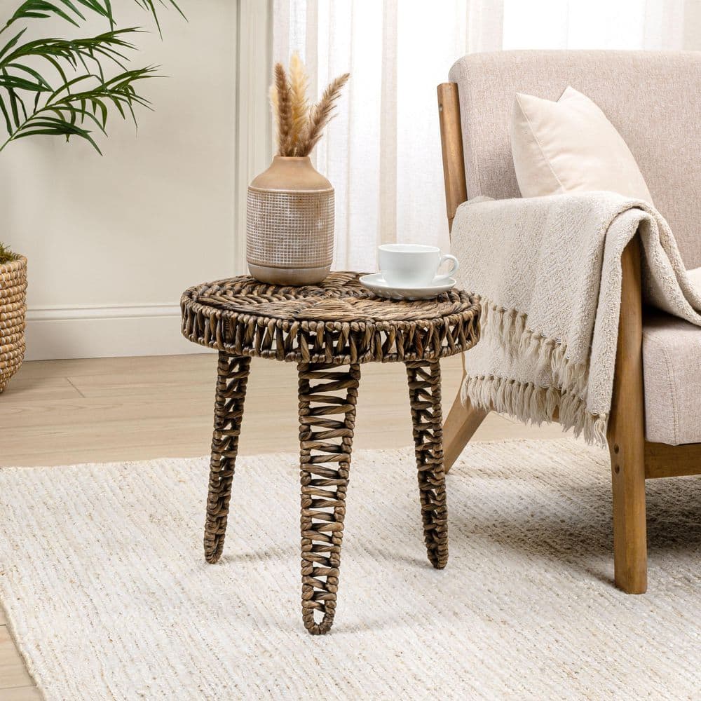 Amara 17 in. Coastal Bohemian Handwoven Water Hyacinth Wicker Round Tripod End Table, Brown