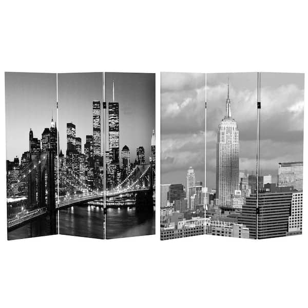 RED LANTERN 4 ft. Short New York Scenes Canvas 3-Panel Folding Screen