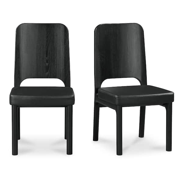 Melisette Black Vegan Leather High-Back Walnut Stained Solid Ash Wood Dining Chair with Carved Details (Set of 2)