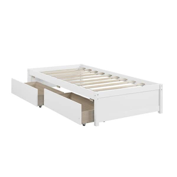 ATHMILE White Twin Bed with 2 Drawers, Solid Wood, No Box Spring Needed