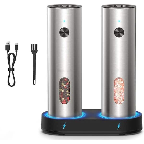 Electric Salt and Pepper Grinder Set Stainless Steel with USB C Dual Charging Base Large Adjustable Coarseness LED Light