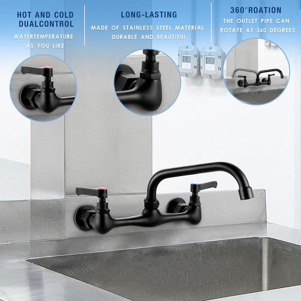 2 Handle Wall Mount Standard Kitchen Faucet With 8 in. Swivel Spout 8 in. Center in Matte Black